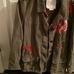 Army green jacket with beautiful floral embroidery
